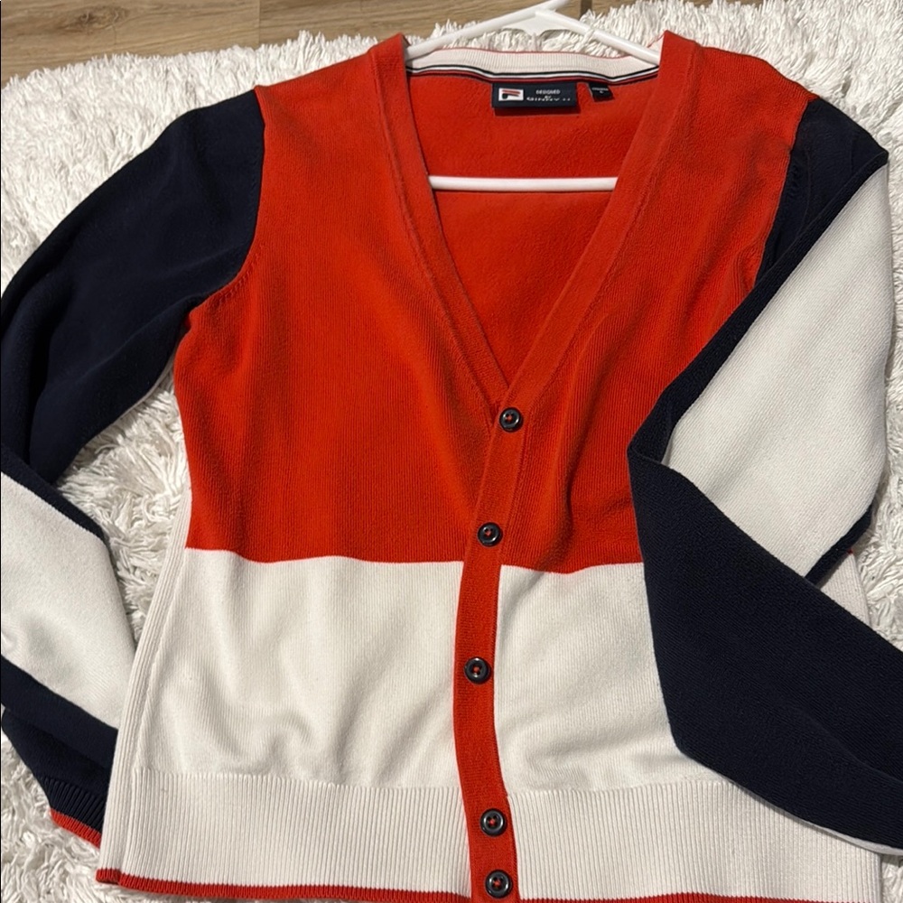 Colorblock Cardigan Sweater - Red, White, and Black
